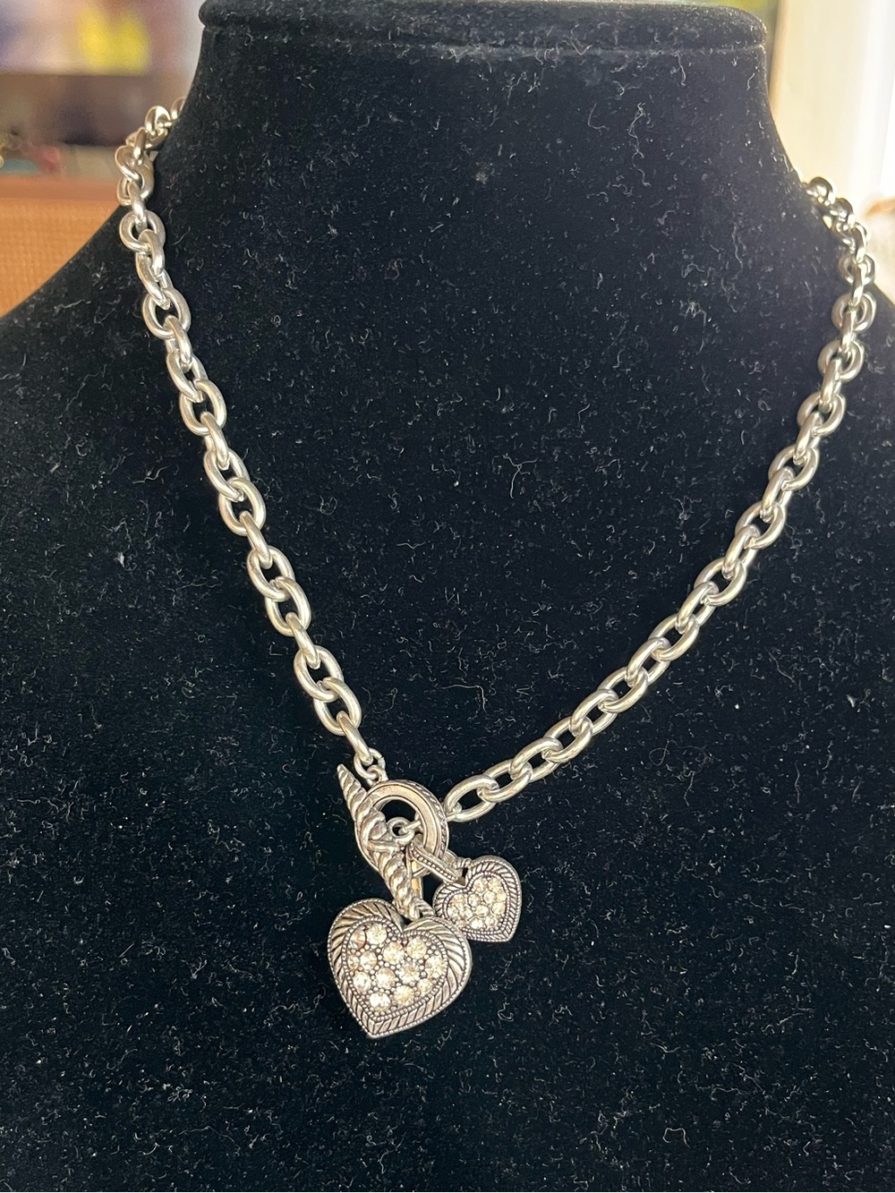 Vintage Silver-Tone Double Heart Toggle Chain Necklace with Rhinestone Accents